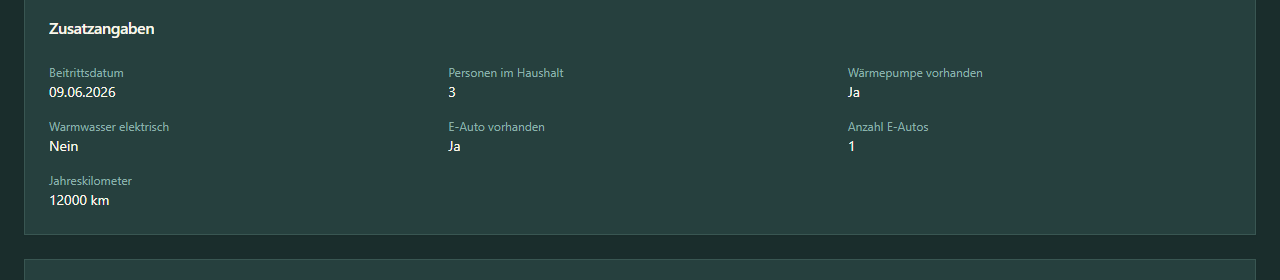 Zusatzangaben-Karte mit Beitrittsdatum, Personen im Haushalt, Wärmepumpe etc.