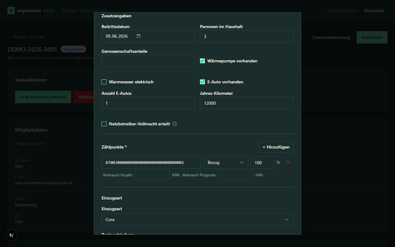Admin-Edit-Dialog mit der Zusatzangaben-Section zwischen Adresse und Zählpunkten