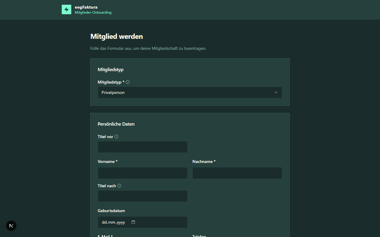Startseite Registrierungsformular